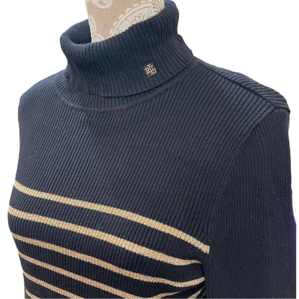 Lauren Ralph Lauren Black & Gold Stripe Ribbed Turtleneck Sweater Size Women XL